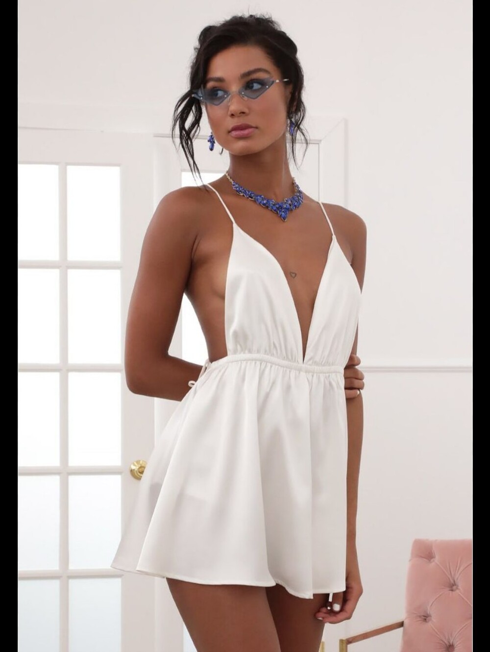Lucy in the Sky Skylar Plunge Dress in White Satin
